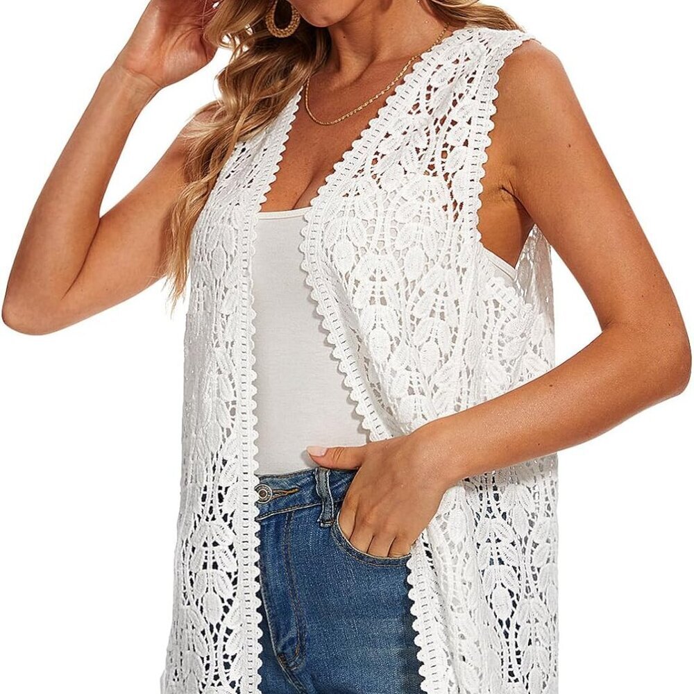 Womens Crochet Lace Vest Cotton Sleeveless Boho Open Front Cardigan